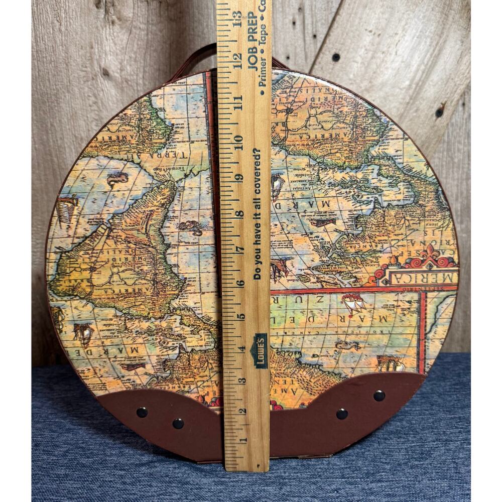 Vintage Old World Map Cardboard Nesting Hatbox Storage Metal Push Lock Accents - Picture 8 of 13